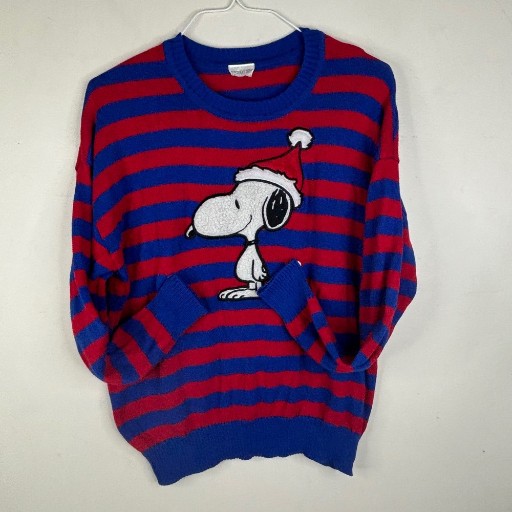Peanuts Snoopy Christmas Sweater Mens XL Red Blue Striped Santa Graphic Crewneck